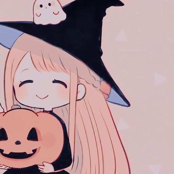 a girl with blonde hair wearing a black witches hat and holding a jack - o'- lantern