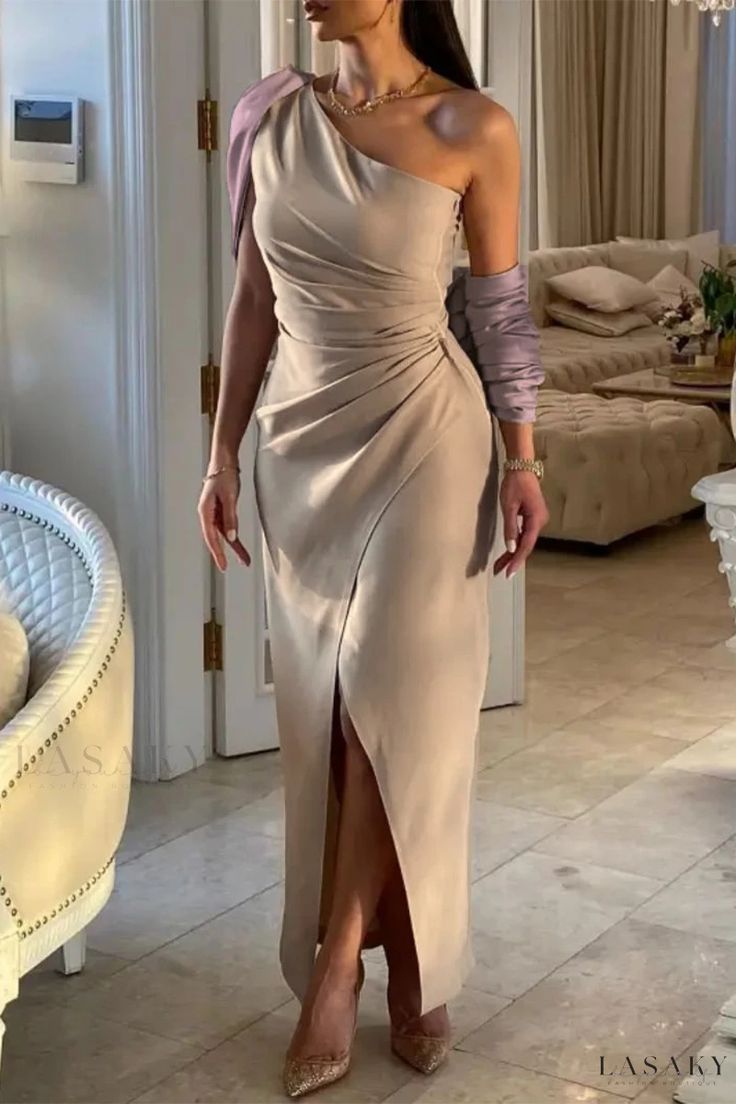 Lasaky - Sophisticated Formal Backless Slit Fold Oblique Collar Evening Dress Backless Evening Dress, Dress Sleeve Length, Evening Dresses With Sleeves, Elegant Dresses Classy, فستان سهرة, Elegant Dresses For Women, Women Formals, Dresses To Wear To A Wedding, Party Gowns