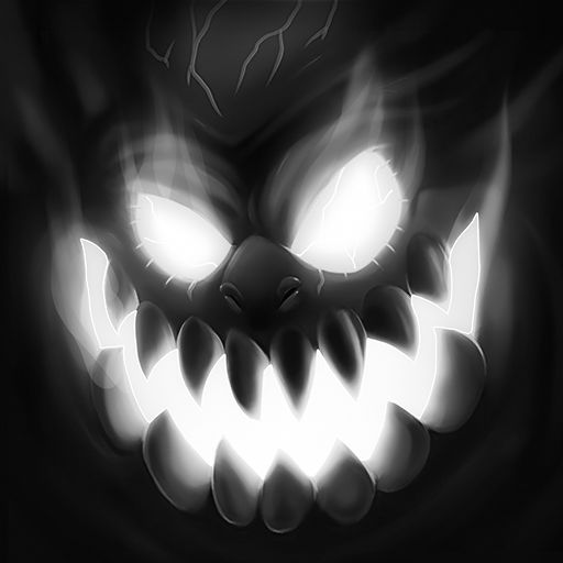 an evil looking face with glowing eyes and fangs on it's head is shown in black and white