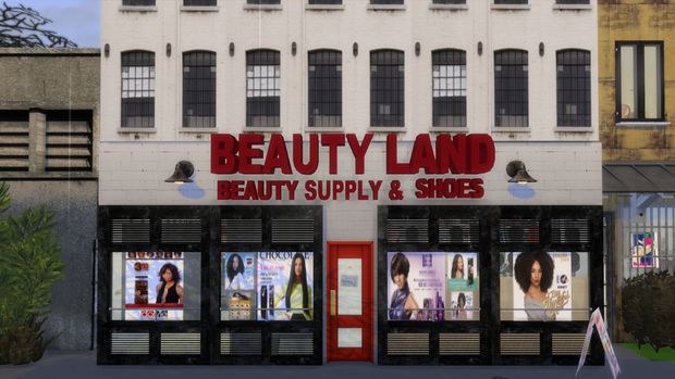 the front of a beauty shop with its doors open and advertisements on the building's windows