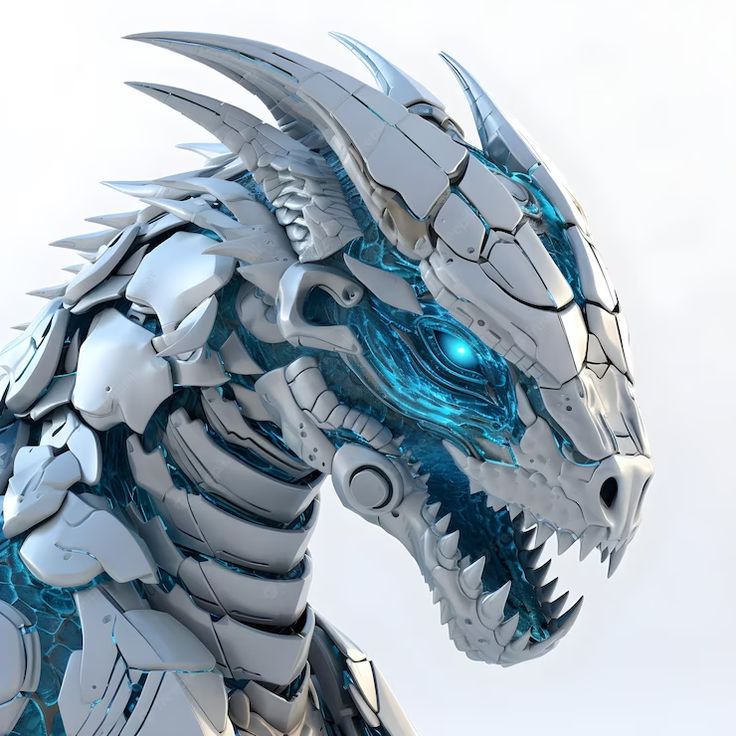 a white and blue dragon statue with glowing eyes