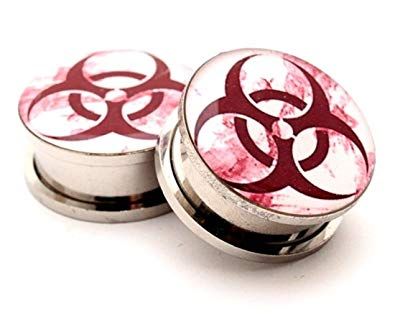 two red and white buttons with the word biohazard on each one, sitting side by side in front of a white background