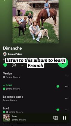 an image of people and horses in the grass with text that reads listen to this album to learn french