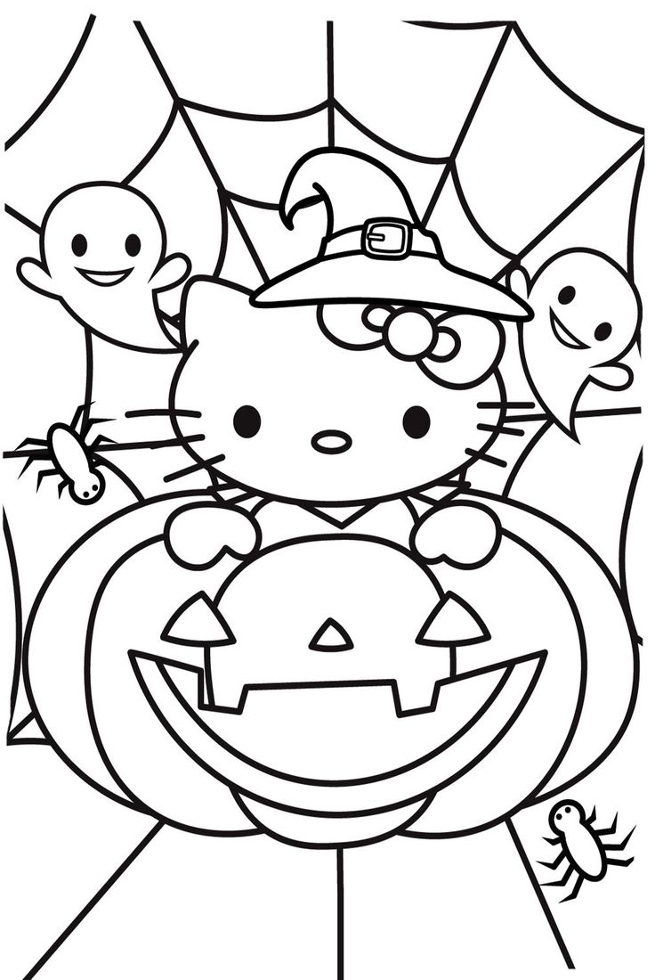 hello kitty halloween coloring pages with pumpkins and cats in the background for kids to color