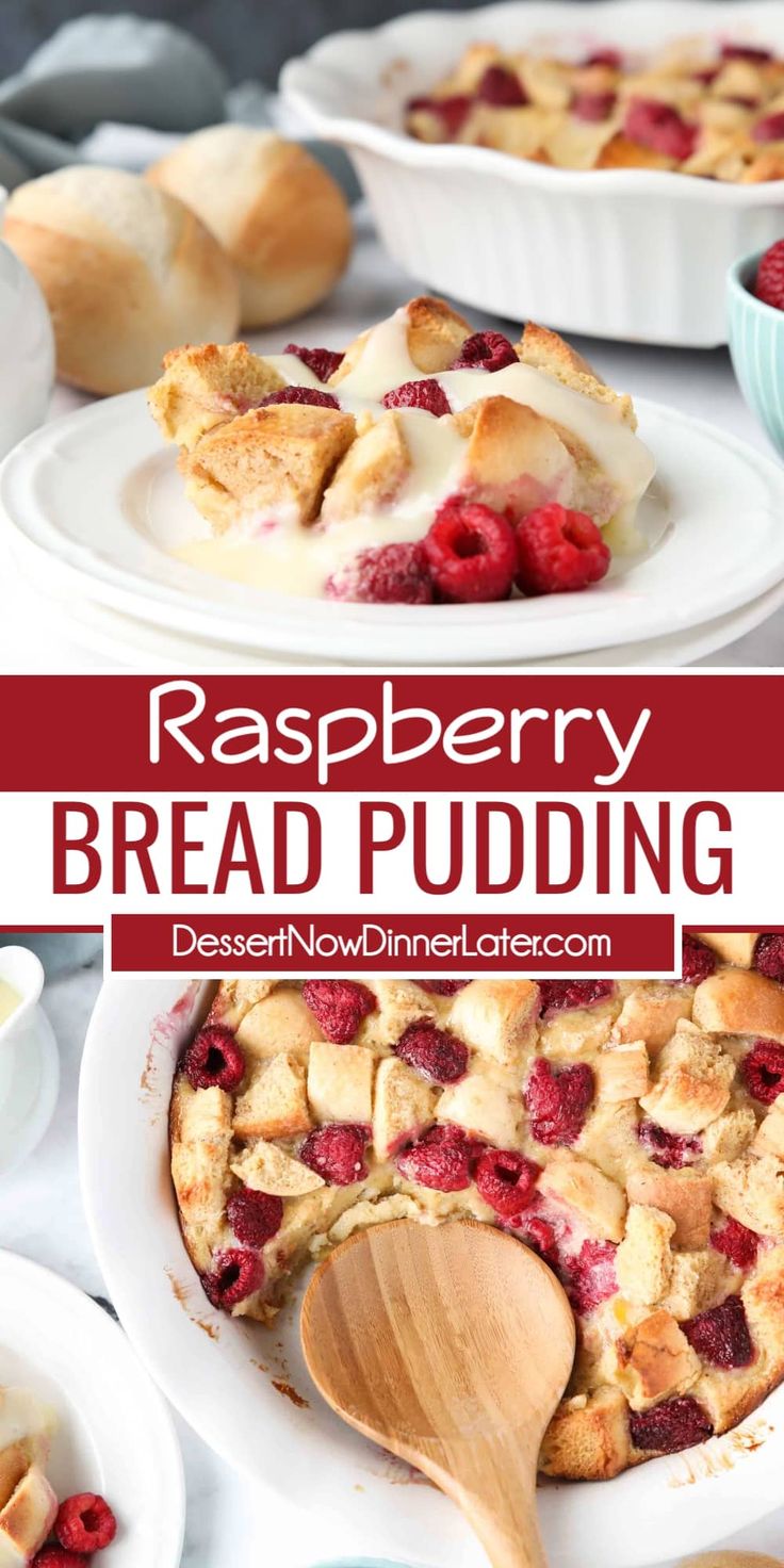 raspberry bread pudding in a white dish with a wooden spoon on the side