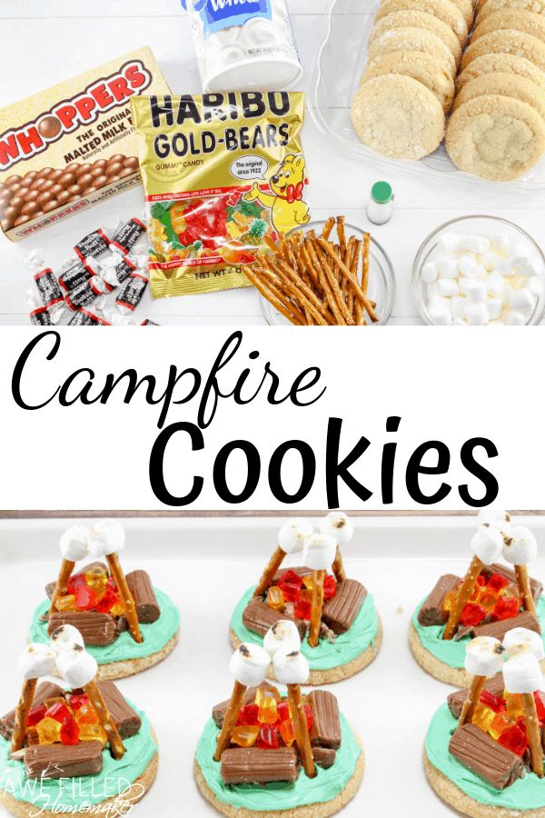 campfire cookies with marshmallows, pretzels and candy bars in the background