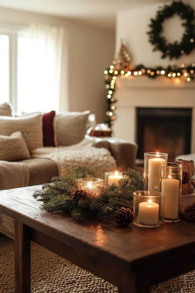 a living room filled with furniture and christmas decorations on top of a wooden coffee table