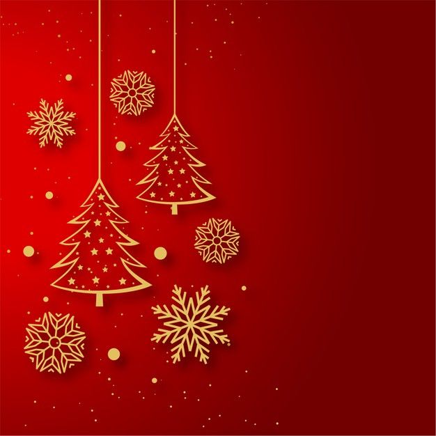 three christmas trees hanging from strings on a red background with snowflakes and stars