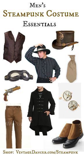 How to dress in a Victorian inspired Men's Steampunk Costume. 10 essential clothing items, shoes and accessories you should wear and where to buy them. Steampunk Costume Male, Steampunk Mens Costume, Steampunk Diy Costume, Mens Steampunk, Steampunk Costumes, Steampunk Vest, Steampunk Party, Steampunk Men, Mode Steampunk