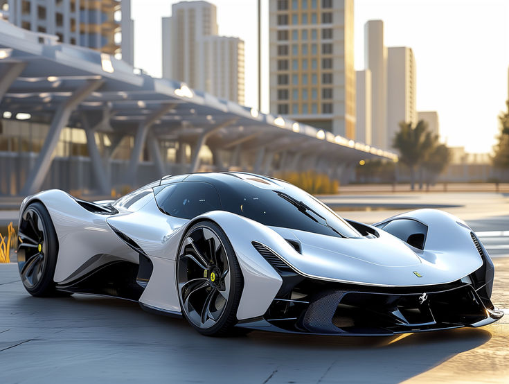 a white and black sports car parked in front of a city