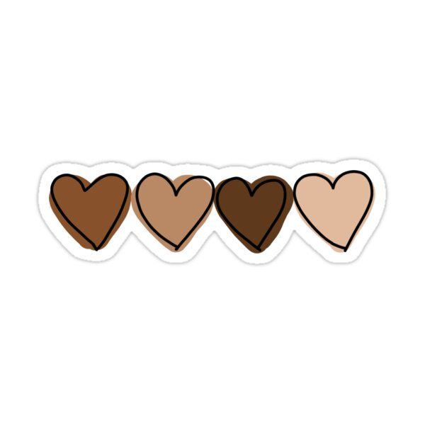 three hearts sticker on a white background with the word love written below them in brown, pink and tan colors