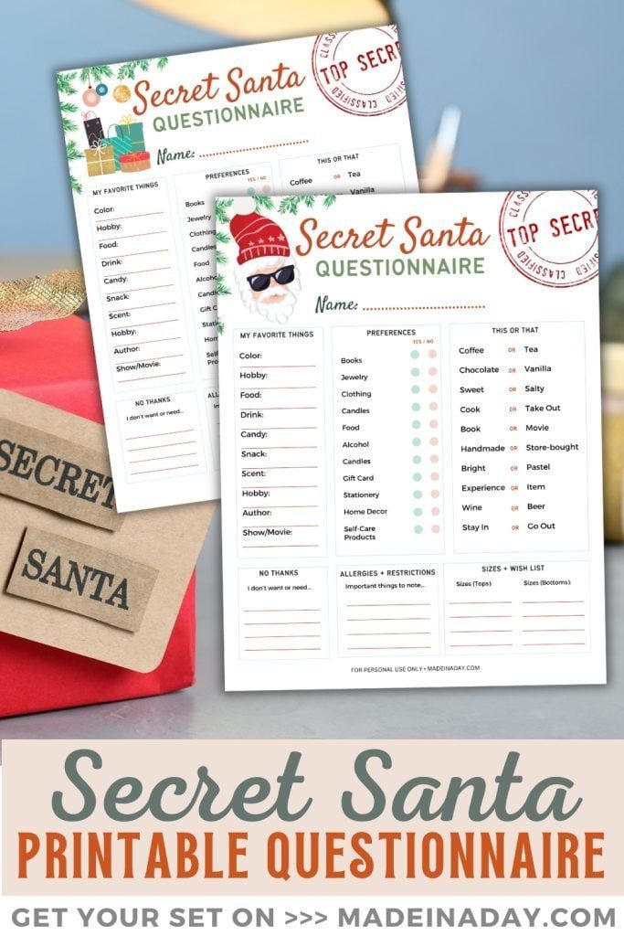 the secret santa printable questionnaire is on display in front of a red box