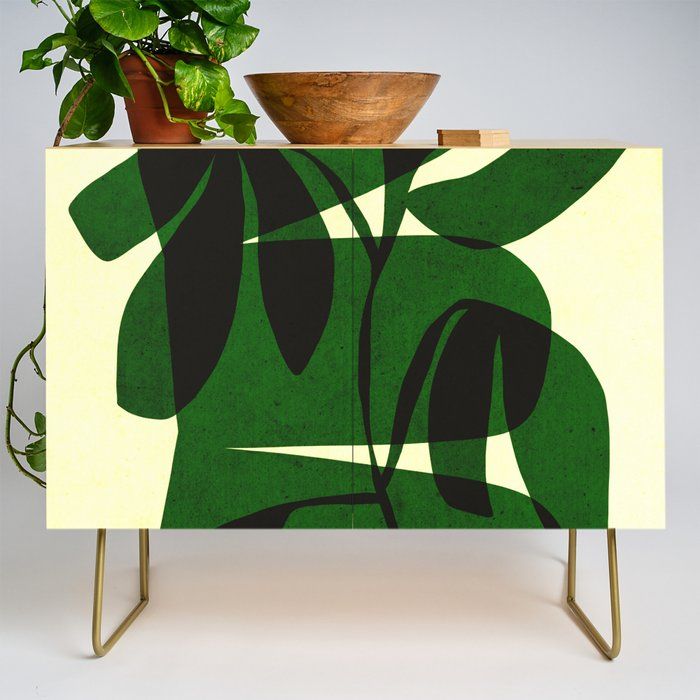 a potted plant sitting on top of a green cabinet next to a wooden bowl