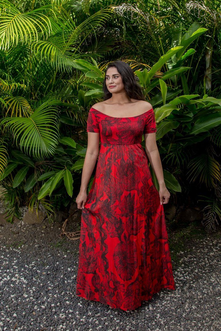 Red Tarani Dress Long  empire A-Line #curves #pacificfashion #fashion #polynesian #cookislands Tahitian Dress Wedding, Pacific Island Dress Patterns Party, Island Dresses Pacific Plus Size, Polynesian Dress Patterns, Tav Pacific Dresses, Samoan Dress Patterns, Bula Dress Patterns, Island Dresses Pacific, Samoan Dress Design