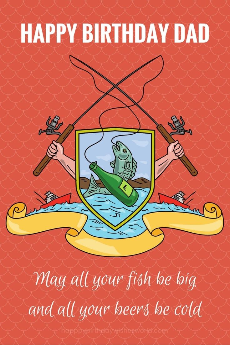 a happy birthday card for dad with an image of a fish and two fishing rods