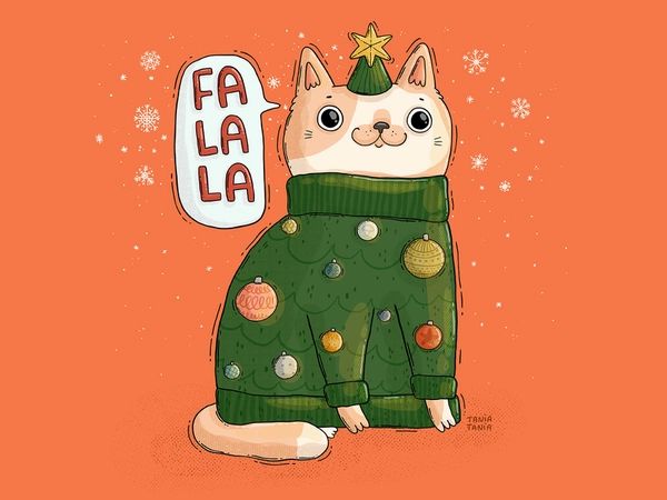 a cat wearing a christmas sweater with a tag on it's head and the words fa la written above it