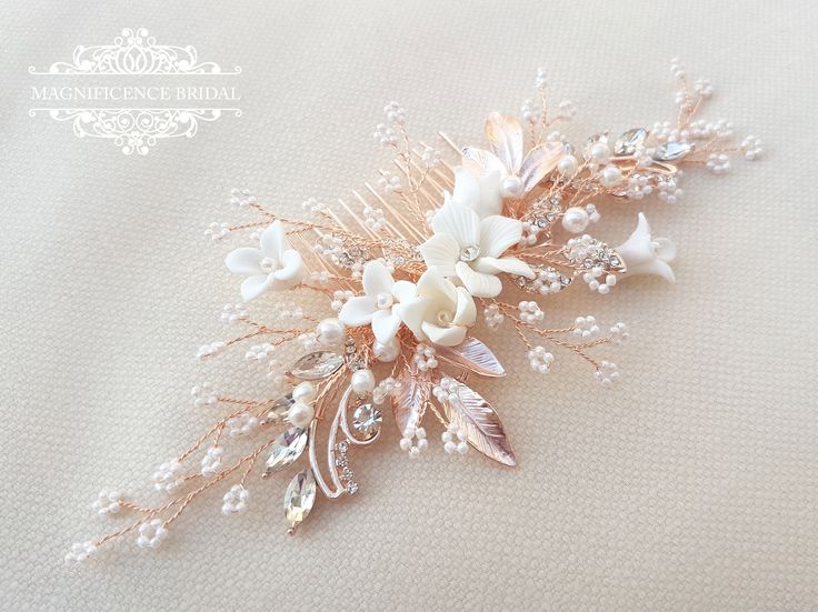 Bridal headpiece, rose gold headpiece, rose gold hair comb, rose gold hair piece, Wedding headpiece, Bridal hair comb, bridal comb, wedding hair piece, wedding hairpiece, rose gold wedding, bridal head piece, delicate hair comb, clay flower comb YAYA Stunning handmade headpiece made with clay flowers, seed beads, navette stones, diamante encrusted leaves. Size of a comb design approx 17 cm by 7 cm Available also in silver tone ♥This is an original design by © 2018 Magnificence Bridal All rights Gold Hair Piece Wedding, Handmade Headpiece, Gold Headpiece Wedding, Rose Gold Headpiece, Rose Gold Hair Piece, Floral Bridal Comb, Gold Hair Piece, Bridal Floral Headpiece, Wedding Hairpiece