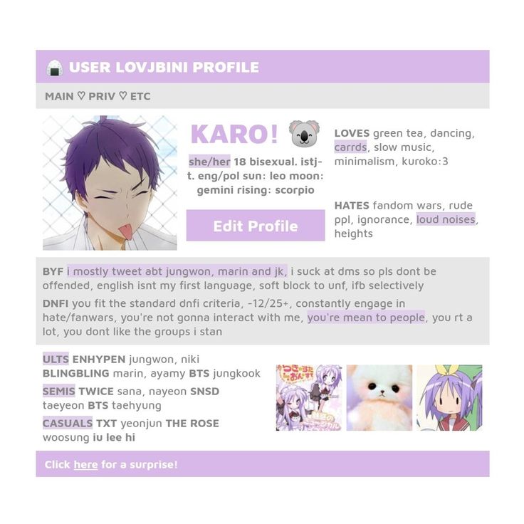 the user's profile page for karo, an anime character with purple hair