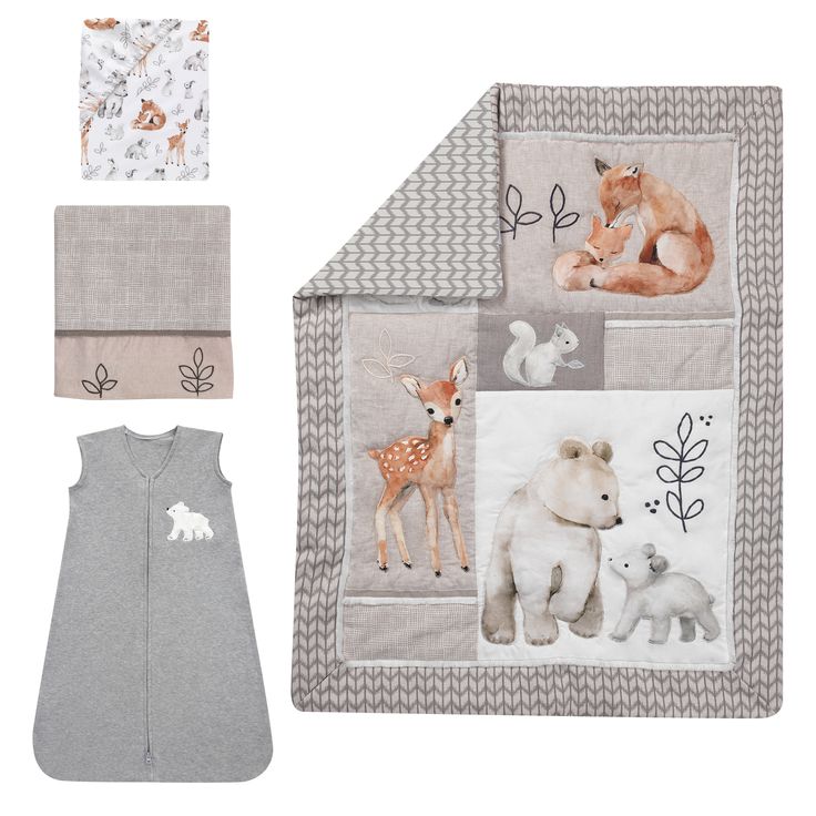 a baby blanket, bib and sleeping bag with animals printed on the front in grey