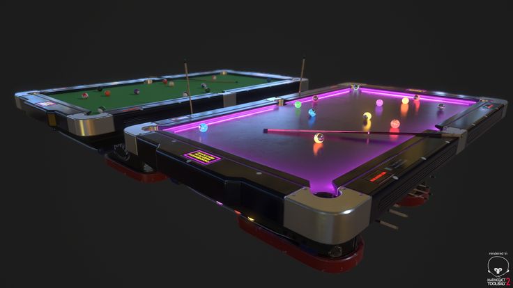 two pool tables with neon lights on them and one has a cue in the middle