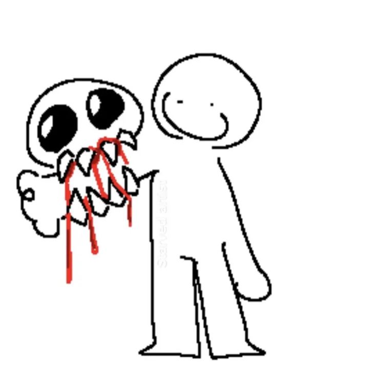 a drawing of a person holding a knife in front of a cartoon character with blood dripping from his mouth