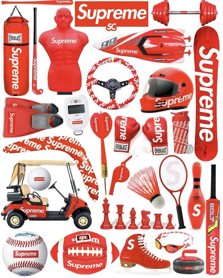 an assortment of sports related items are shown in this graphic art printable poster, which includes red and white colors