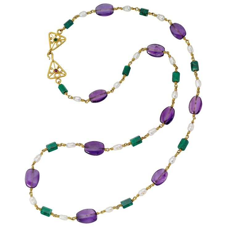 22 Karat gold necklace of Amethyst, emerald crystals and fresh water pearls in the manner of Roman 3rd century pieces. The neclace measures 32 inches, with 11 Emeralds weighing approximately 40 carats, 11 amethysts, the clasp is Amethyst and Chrome Tourmaline. The emerald are polished in their natural hexagonal crystal shape. This necklace can be worn as a sautoir or doubled up . Handmade in New York & one of a kind Handmade Jewelry Ideas Necklace, Cabachon Jewelry, Pearl And Amethyst, Amethyst And Rose Quartz, Wire Necklaces, Beading Designs, Homemade Necklaces, Chrome Tourmaline, Diy Necklaces