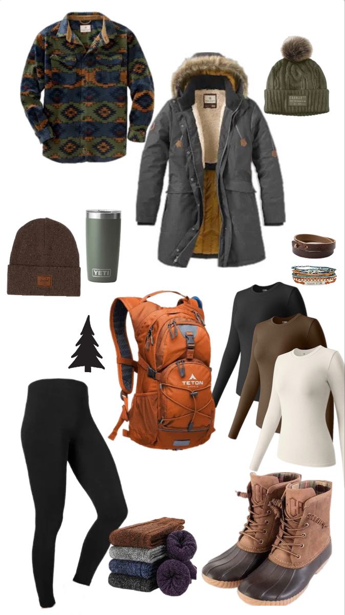 an assortment of clothing and accessories including boots, sweaters, hat, backpack, coffee mug