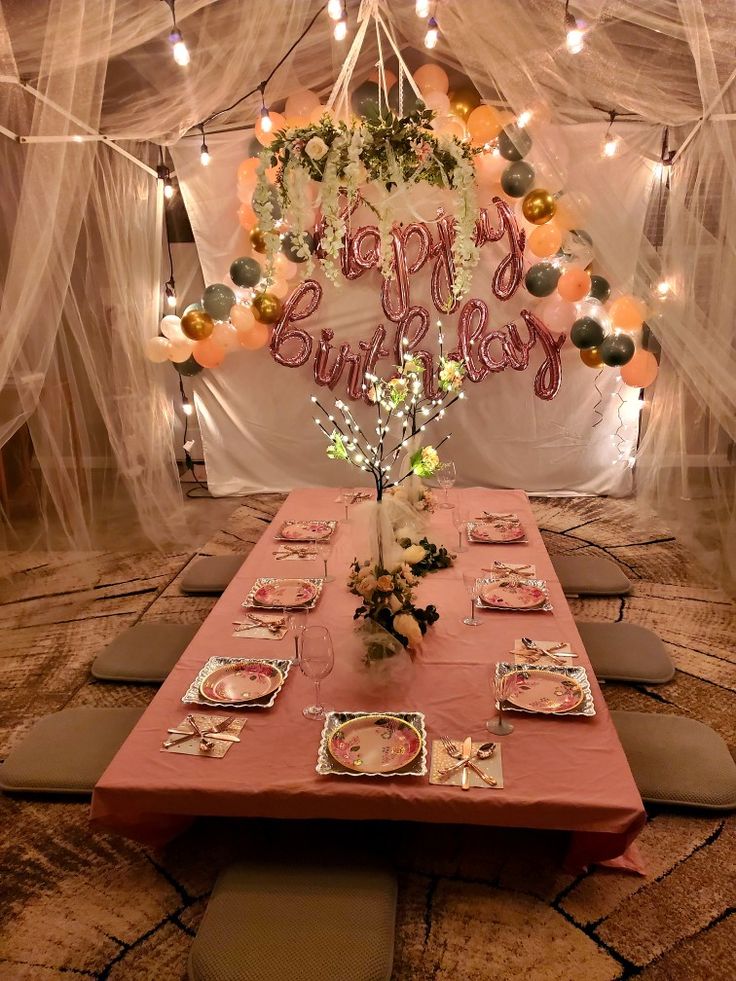 a table set up for a birthday party