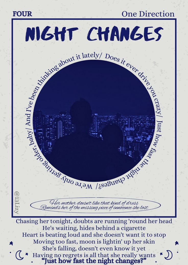 a poster with the words night changes written in blue and white, on top of a cityscape