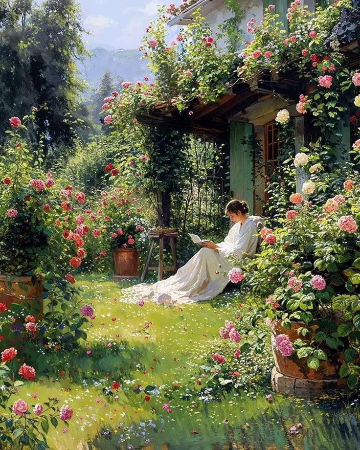 a painting of a woman sitting in the garden