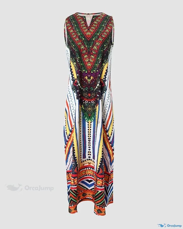 OrcaJump - Exquisite Tribal Print Sleeveless Maxi Dress with Notch Neck Design Multicolor Bohemian Printed Sleeveless Dress, Bohemian Multicolor Printed Sleeveless Dress, White Sleeveless Dress With Colorful Pattern, Sleeveless Printed Festival Dress, Festival Printed Sleeveless Dresses, Sleeveless Printed Dress For Festival, Sleeveless Multicolor Maxi Dress With Vibrant Print, Sleeveless Colorful Patterned Maxi Dress, Sleeveless Patterned Colorful Maxi Dress