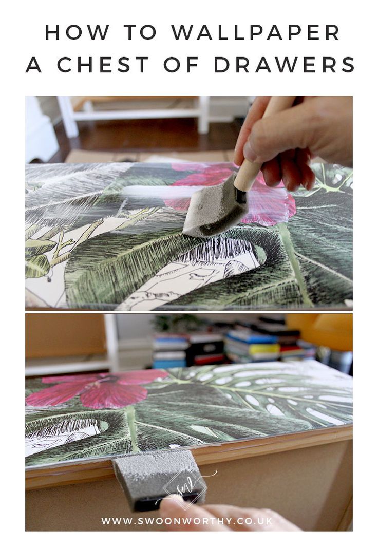 a person using a brush to paint on a piece of paper with the words how to wallpaper a chest of drawers