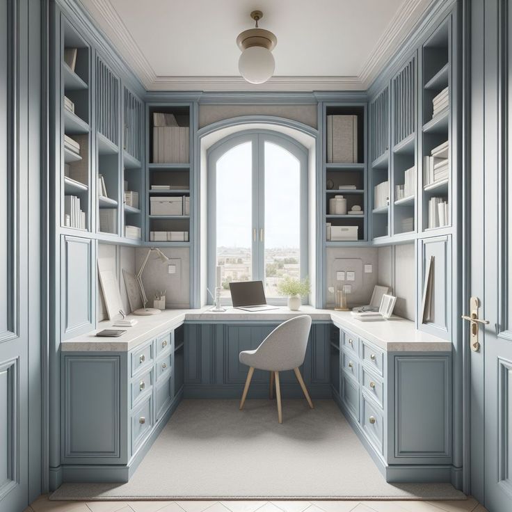 a room that has some blue cabinets and white desks in it, with a laptop on the table