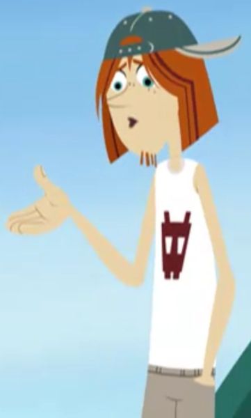 a cartoon girl wearing a baseball cap and holding her hand out in front of her face