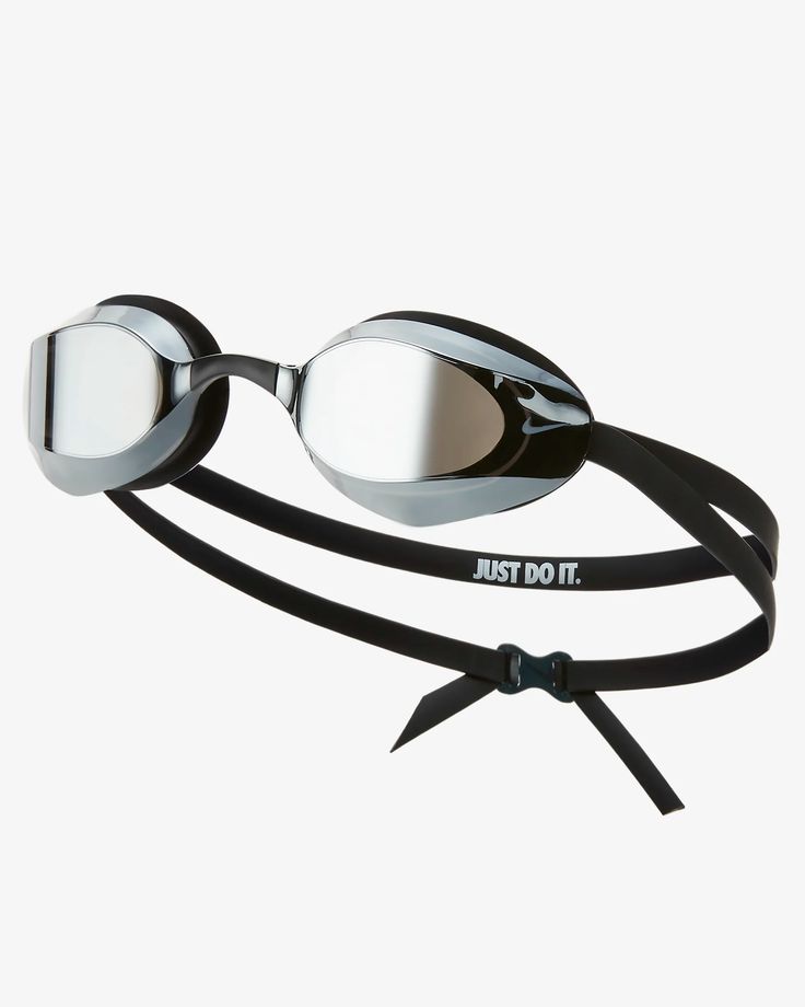 a pair of swimming goggles that say just do it