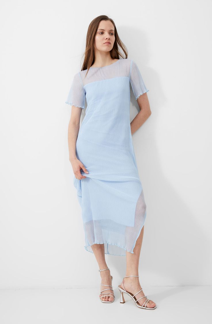 A pleat-textured overlay creates a sheer yoke and hem on this curve-skimming midi dress that shows of just the right amount of skin. Jewel neck Short sleeves Lined 100% polyester Machine wash, tumble dry Made in Turkey Jewel Neck, French Connection, Nordstrom Dresses, Cashmere, Midi Dress, Short Sleeves, Nordstrom, Skin, Blue