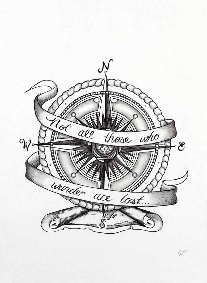 a drawing of a compass and ribbon with the words, not all those who wander are lost