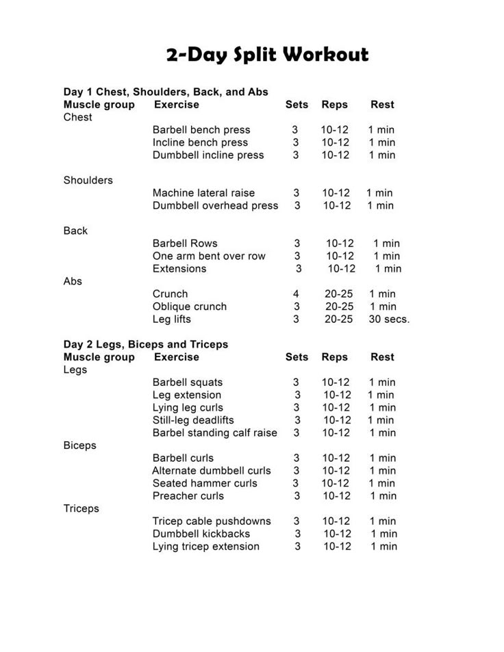 the 2 - day split workout plan is shown in black and white, with instructions for each