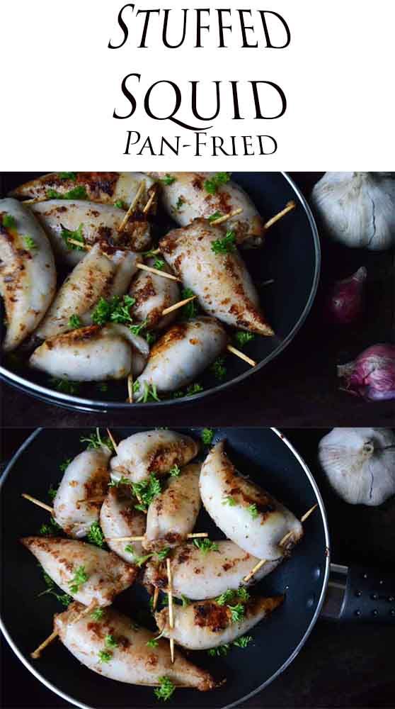 two pictures of stuffed chicken on skewers with parsley and garlic in the background