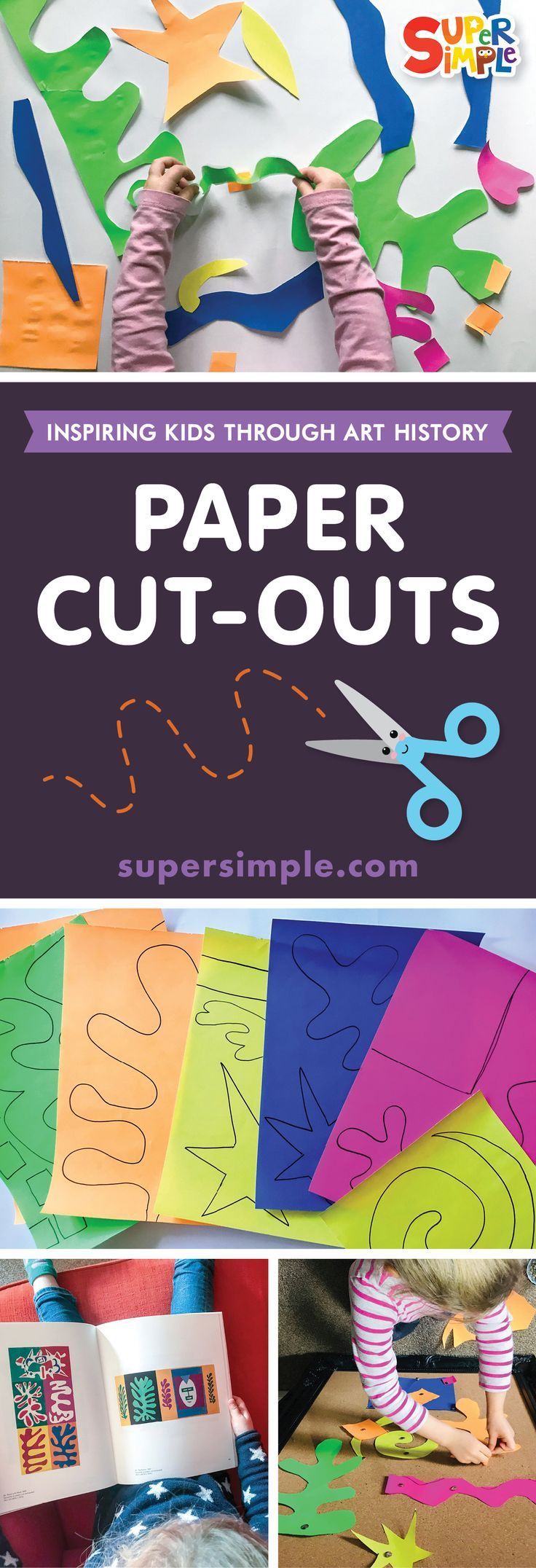 paper cut outs with scissors and other crafting supplies in the background text overlay reads inspire kids through art history