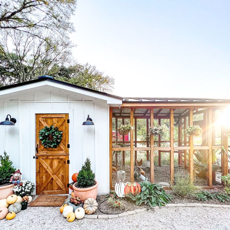 a small white shed with potted plants and pumpkins on the ground in front of it