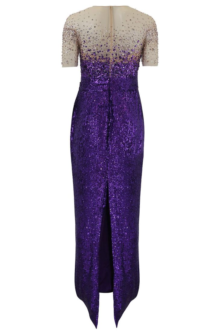 Pamella Roland tulle bodice and sequin gown in amethyst gold. 92% Polyester 8% Elastane Dry Clean Made in the United States Purple Evening Dress For Gala, Glamorous Embellished Purple Evening Dress, Glamorous Embellished Purple Gown, Glamorous Purple Embellished Gown, Glamorous Purple Gown For Gala, Luxury Purple Floor-length Gown, Purple Sequined Floor-length Evening Dress, Purple Sequin Dress With Contrast Sequin For Evening, Purple Contrast Sequin Evening Dress