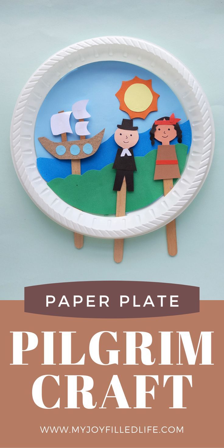 paper plate pilgrim craft with the title overlay that reads, paper plate pilgrim craft