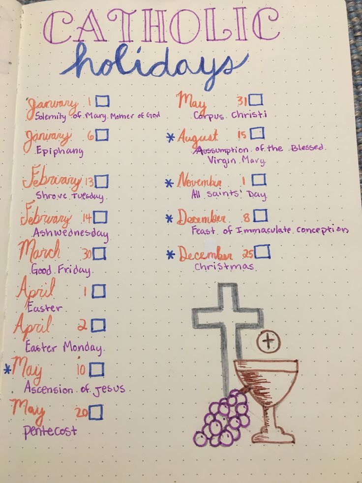 a handwritten catholic holiday planner with a cross and wine glass on the top, surrounded by words that read catholic holidays