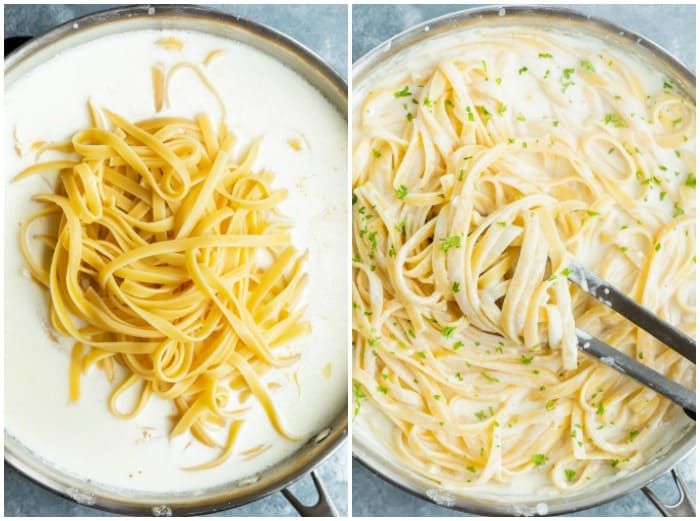 two pictures showing how to cook pasta in a skillet