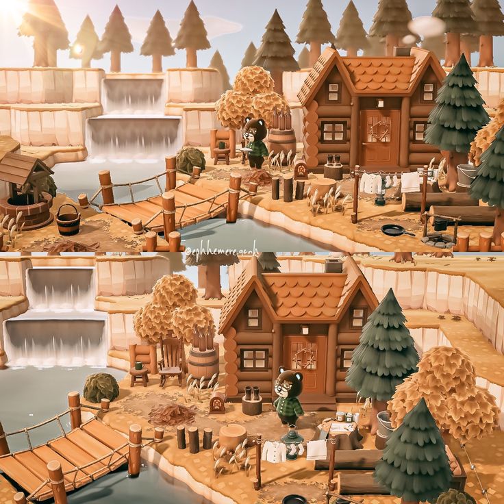 an animal crossing the river in front of a wooden house with trees and other animals