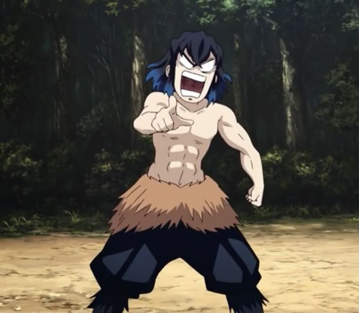 a man with blue hair and no shirt standing in front of trees holding his fist up