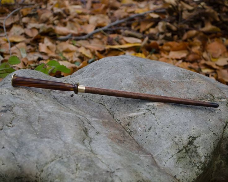 a wooden stick laying on top of a rock