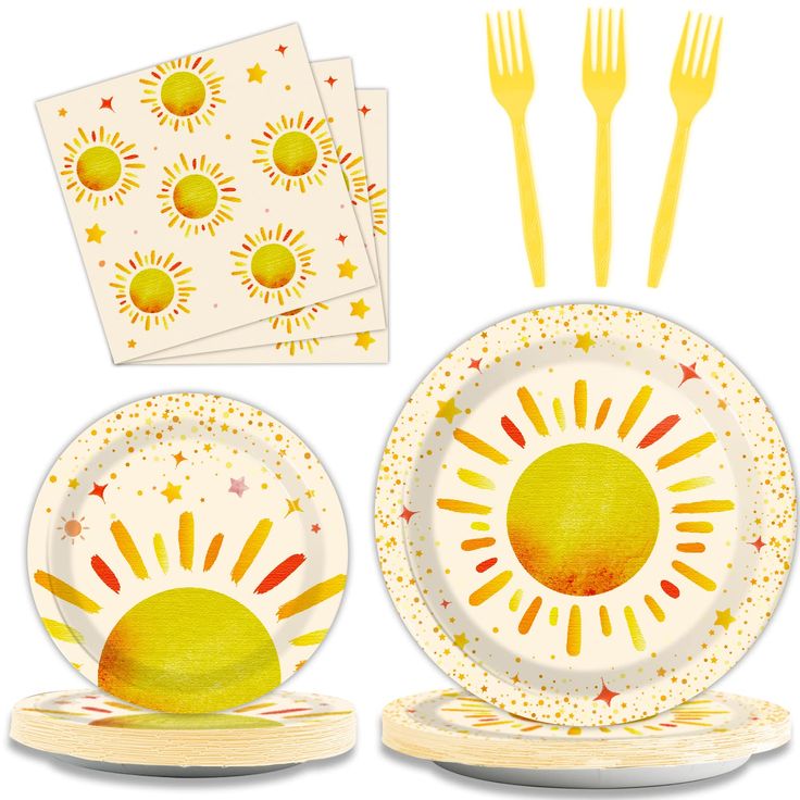 PRICES MAY VARY. What's in the package: You'll receive 24 9" boho sun party plates, 24 7" boho sun plates, 24 6.5" boho sun napkins, and 24 plastic blue forks, each set serving 24 people guests. Premium material: All our boho sun party plates and napkin sets are made of high-quality paper, non-toxic, odor-free, heat resistant, and durable. The patterns and colors are beautifully printed and fade-resistant to give you a party full of boho sun birthday vibes. Boho Sun Table Decor: Decorated with d Easter Tableware, Sunshine Birthday Parties, Baby Shower Boho, Sun Birthday, 1st Birthday Girl Decorations, First Trip Around The Sun, Birthday Table Decorations, Sunshine Baby Showers, Sunshine Birthday